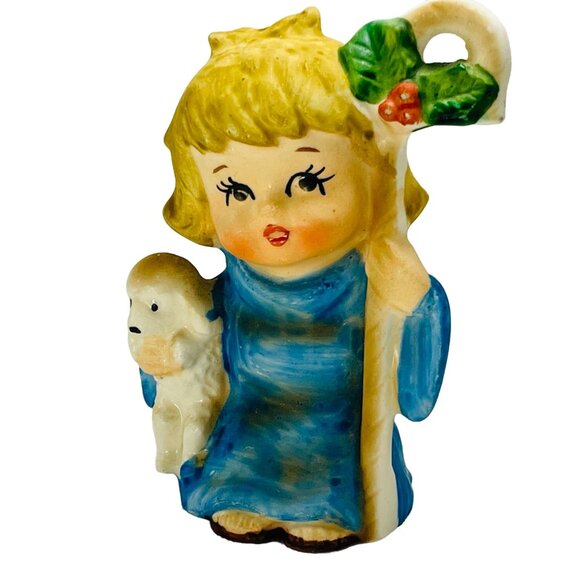 Lefton Shepherd Boy Girl Sheep Staff Figurine Christmas Holy Vintage Hand Paint - Picture 9 of 11
